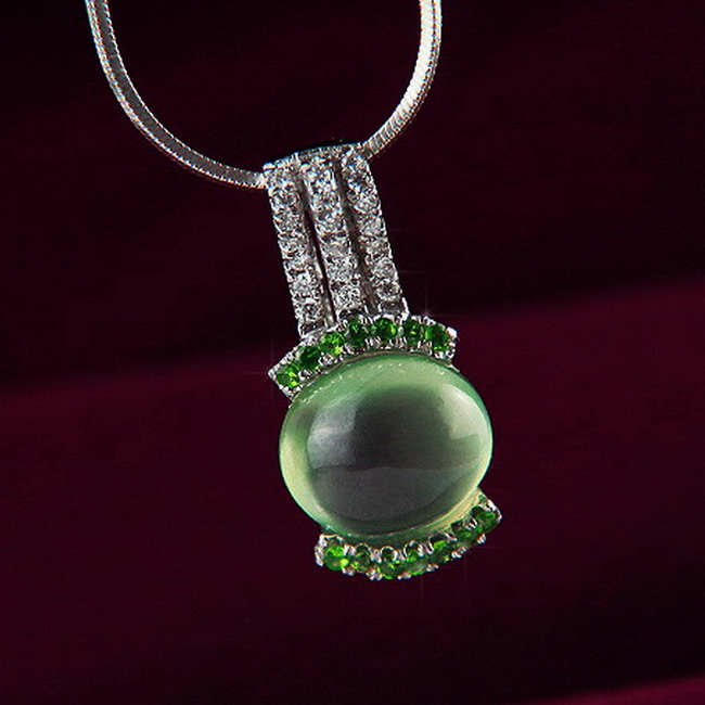 新款18K钻石 沙弗莱石 纯净无暇天然葡萄石项链吊坠 项坠3.94ct