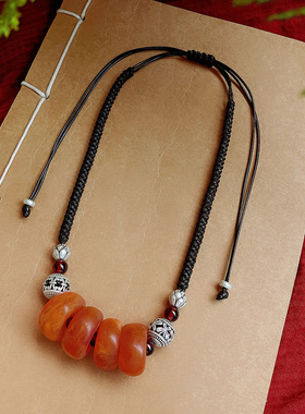 复古老蜜蜡吊坠手工编织百搭锁骨链民族风女项链简约挂衣服件饰品