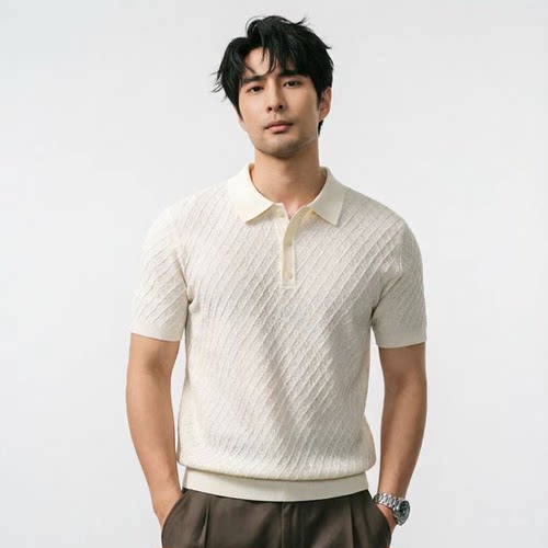 木天丝 意式优雅老钱菱形针织格纹polo衫男休闲短袖冰丝T恤高级感