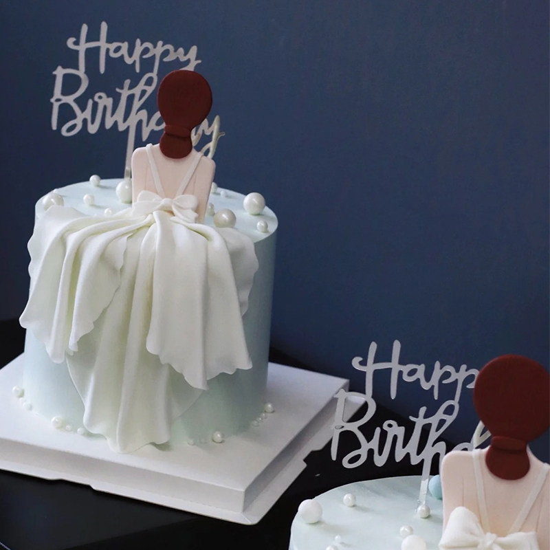背影女神翻糖蛋糕装饰简约美女裙子蝴蝶结插件母亲节生日烘焙装扮