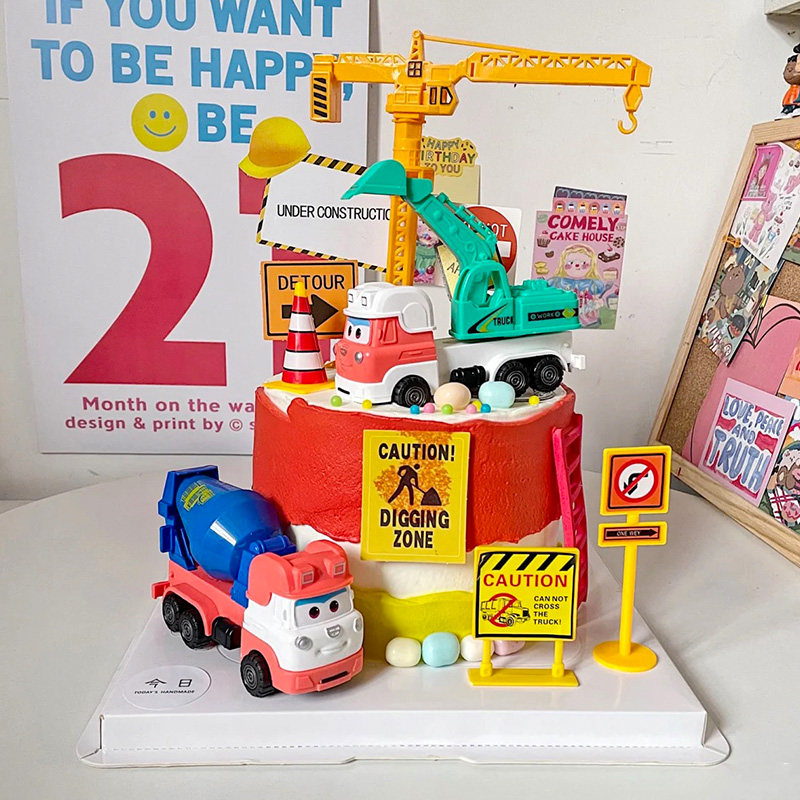 烘焙蛋糕装饰网红卡通搅拌车挖土车水泥罐车翻斗车塔吊工程车摆件