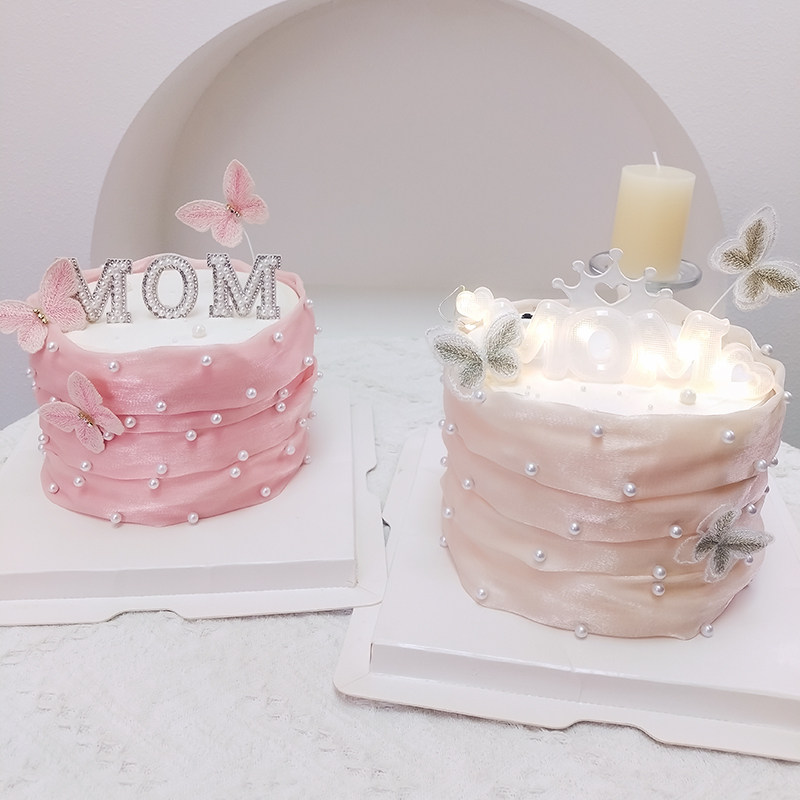 网红母亲节珍珠围边蛋糕装饰mom发光灯刺绣蝴蝶妈妈生日烘焙插件
