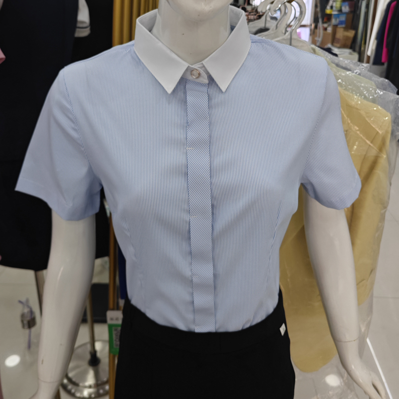 夏季新款商务白领蓝色条纹短袖衬衫女职业工装长袖衬衣银行工作服