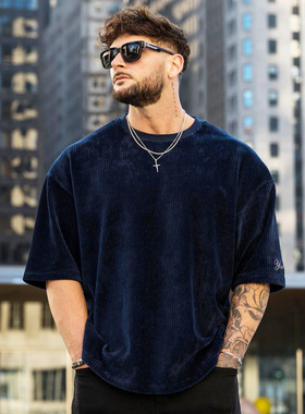 God健身美式重磅条纹运动T恤男夏季大码宽松训练弹力透气短袖衣潮