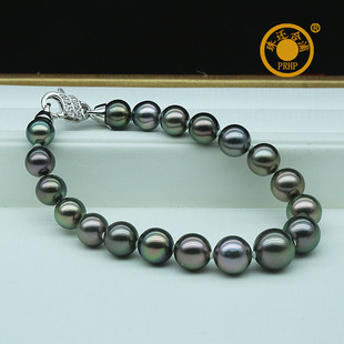 7.9 正品 10.5mm天然绿黑色海水大溪地黑珍珠手链 特价 珠还合浦