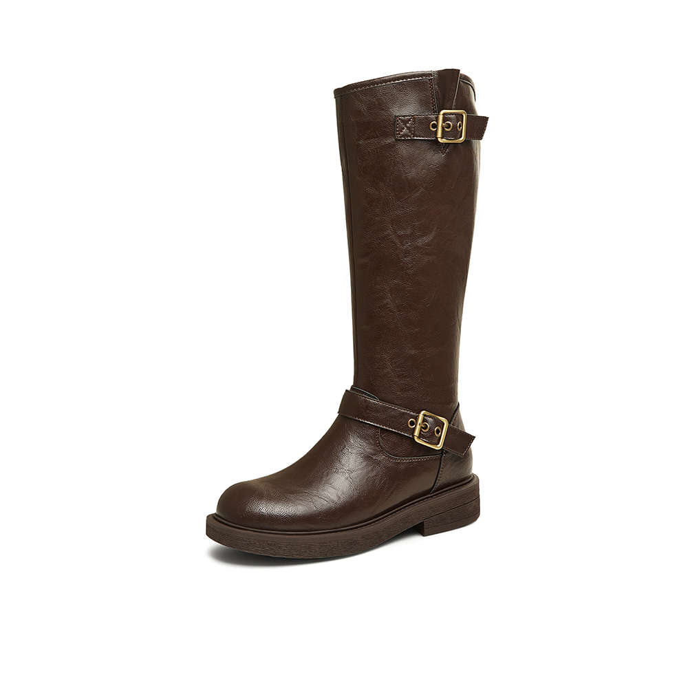 专柜正品百思图2024冬季新款户外街头骑士靴粗跟女长靴W0819DG4