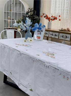 V221 彩色十字绣风景款长方桌布白色棉质1.7x2.1m