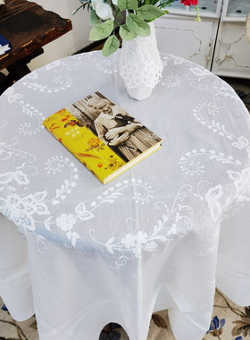 V306 潮绣玻璃纱圆桌布 直径1.8m白色麻质有微氧化