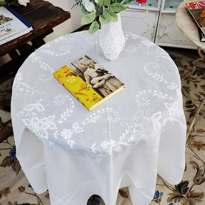 V306 潮绣玻璃纱圆桌布 直径1.8m白色麻质有微氧化