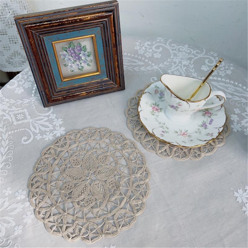 O146-5 即墨花边满工圆杯垫本色棉质18cm圆（2片）