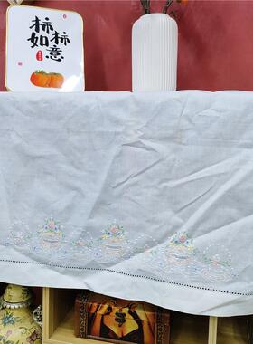 白色亚麻纯手工刺绣彩绣大面巾110x70cm大尺寸盖巾 有氧化A114
