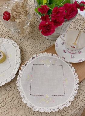 H109 手绣 圆盘垫 白色彩绣 棉质 22cm 有氧化 【4片出】