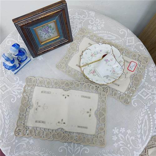 E210 小号即墨花边手绣花长方盘垫本色棉质28x19cm（2片）