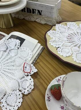 Q331手工细线钩针圆盘垫白色棉质直径25cm（氧化）4片