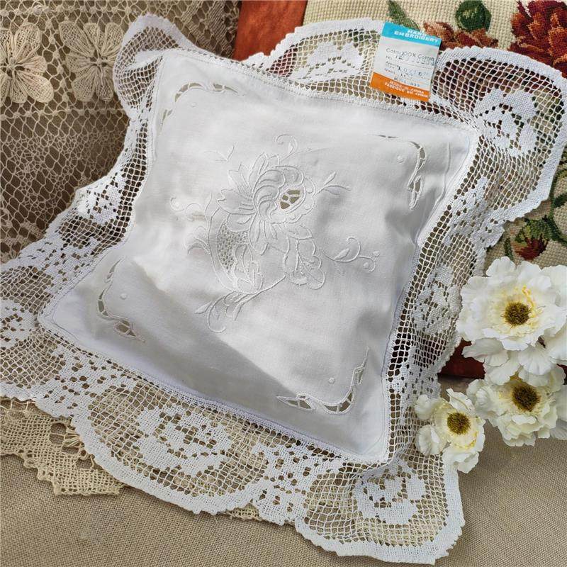 纯手工网扣手绣方形靠垫套27cm方形蕾丝边白色外贸出口老货A111,居家布艺,靠垫/抱枕,淘宝优惠券,粉丝福利购,淘宝优惠卷