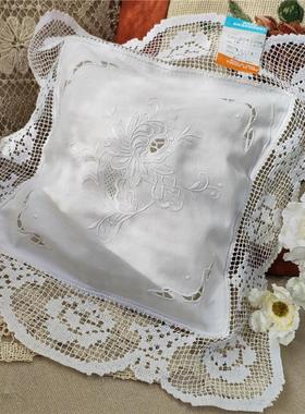纯手工网扣手绣方形靠垫套27cm方形蕾丝边白色外贸出口老货A111