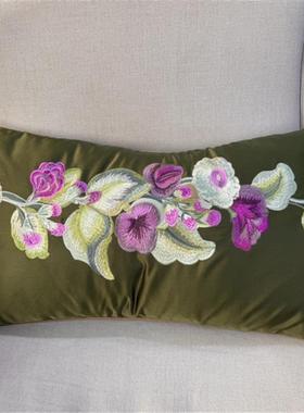 J008  绿色刺绣花真丝腰枕套  32×56cm不含芯