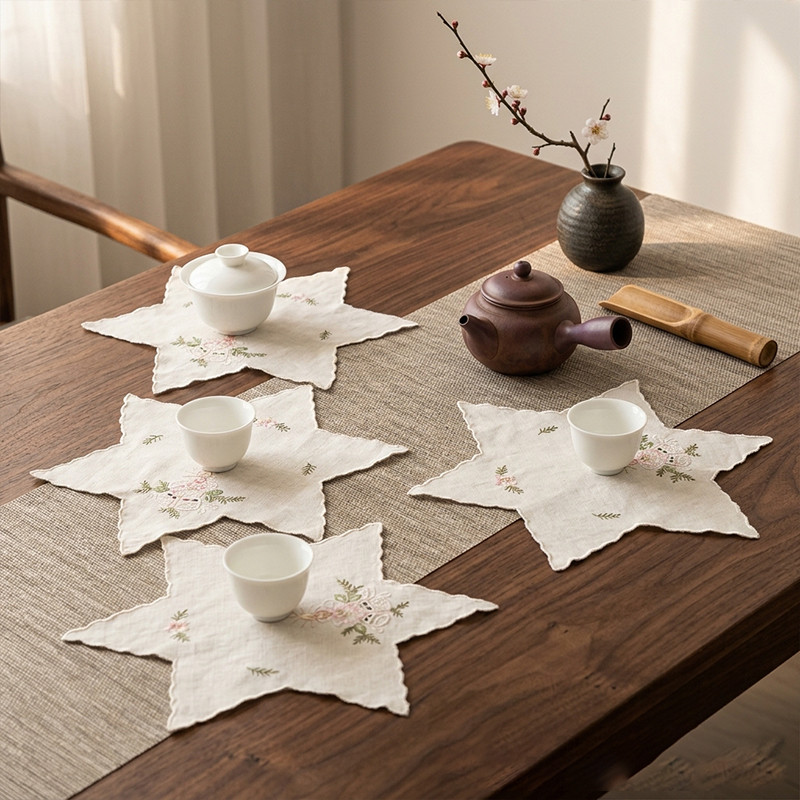 欧式百搭耐磨纯棉绒绣六芒星铃铛盘垫棉质有氧化纯手工4片装G206