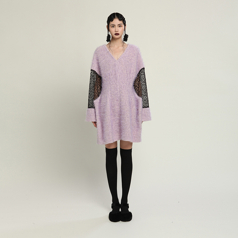 MIA HAN秋季新品女纯色蕾丝拼接深V领娃娃裙长袖短款羊毛连衣裙