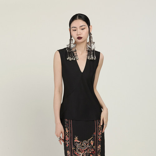 MIA HAN夏季新品女百搭简约缎面真丝桑蚕丝斜纱V领无袖上衣背心