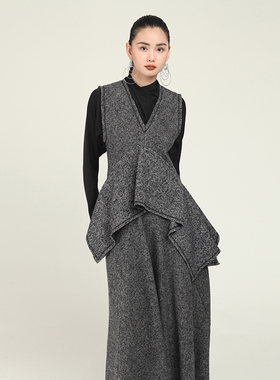 MIA HAN冬季新品女原创设计百搭人字纹羊毛呢V领套头马夹无袖上衣