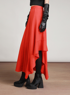 MIAHAN2025冬季新款女个性小众本命年红色大摆A字型羊毛呢半身裙