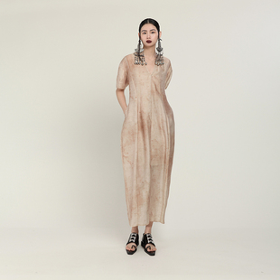 女简约海边度假宽松茧型V领印花短袖 新品 花苞连衣裙 HAN夏季 MIA