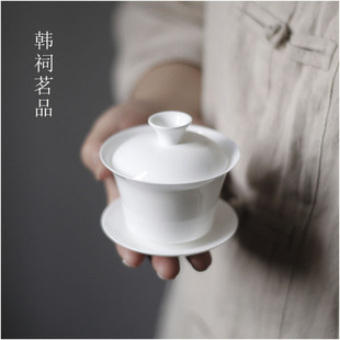 绿筠轩｜正宗骨瓷特薄胎马蹄盖碗纯白反口防烫潮州工夫茶蛋壳茶具