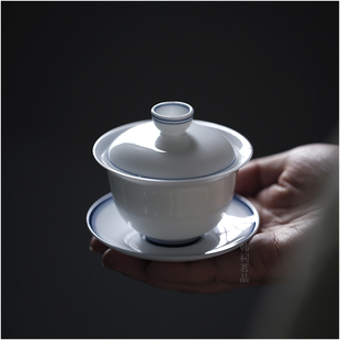 远山堂｜潮汕工夫茶盖碗蓝线手绘釉下彩薄胎三杯单枞小号茶备80ml