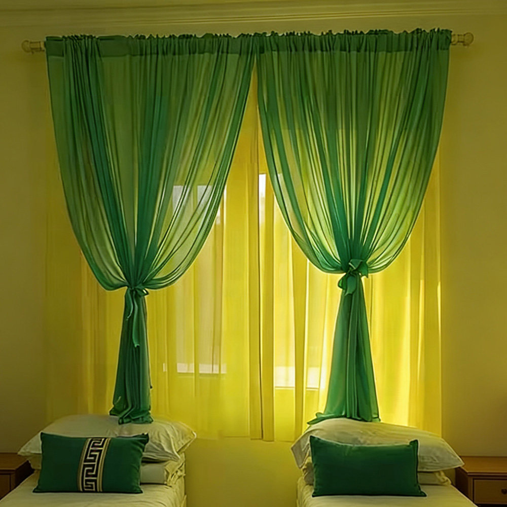 森系田园高饱和草绿色柠檬黄双层纱餐厅儿童房美容院柔软半透窗纱