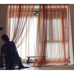 宋代禅意中式焦糖色透光复古纱帘客厅卧室古风豆沙棕色窗纱