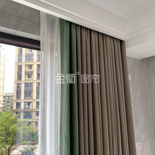 环保奶咖色全遮光奶油风棕色布帘美式双面垂顺隔音薄荷绿拼色窗帘