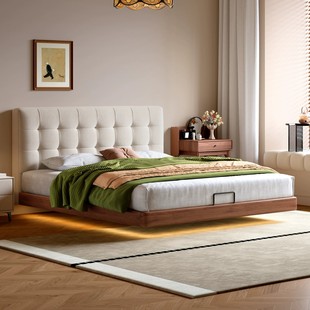 友宝尼中古风华夫格雪尼尔布艺床薄床头实木主卧床悬浮齐边双人床