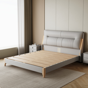 友宝尼意式轻奢榫卯满铺真皮床1.5m现代简约主卧1.8m榫卯全实木床