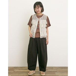 日单品牌春夏新款 女31996 休闲文艺范百搭一粒扣半松紧腰棉萝卜裤