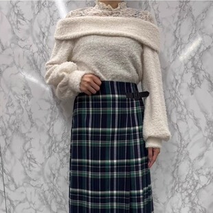 日单秋冬新款甜美减龄蕾丝一字肩亮丝长绒卫衣毛衣假两件女31905