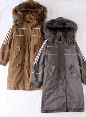 冬季保暖可脱卸毛领连帽肩部条纹休闲运动加绒中长款棉衣女20702