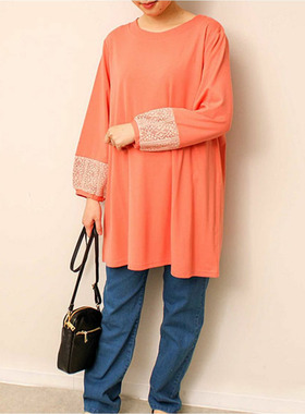 日单大码品牌秋冬新款优雅圆领灯笼袖刺绣九分袖T恤打底衫女31188