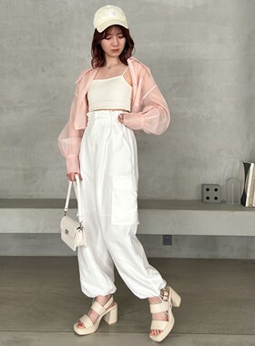 日单品牌春夏时尚木耳边松紧腰口袋裤脚带抽绳休闲裤工装裤22860