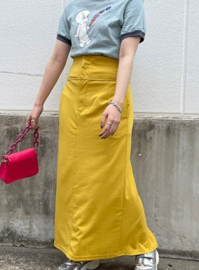 日单品牌春夏新款时尚百搭金属扣拉链半松紧腰后开叉直筒裙28782
