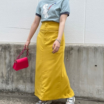 百搭金属扣拉链松紧腰开叉直筒裙