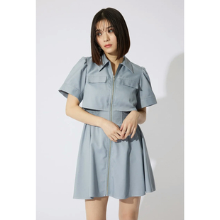 日单贵牌春夏新款拉链翻盖装饰松紧腰短袖衬衫连衣裙短裙女32005