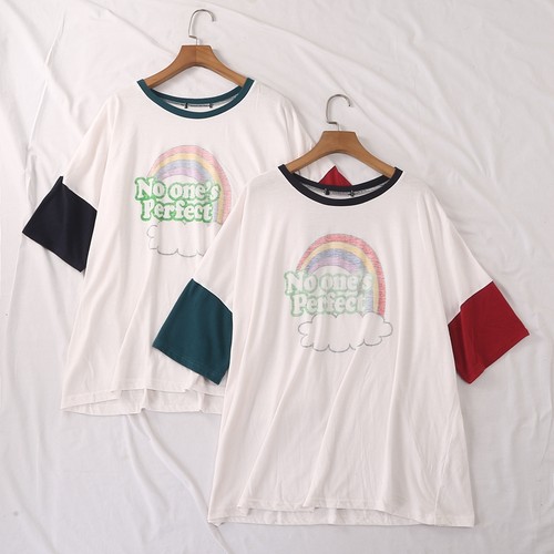 日单夏季新款宽松大版圆领拼色短袖内里彩虹印花短袖T恤23024