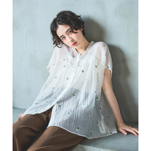 日单品牌夏季新款清新甜美宽松大版小花刺绣轻薄衬衫小衫女32999