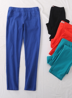 外贸单春夏新款简单大方纯色松紧腰装饰口袋棉休闲裤铅笔裤21674