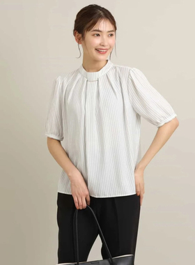 日单品牌夏季新款气质OL褶皱圆领后颈一粒扣短袖条纹衬衫女30557