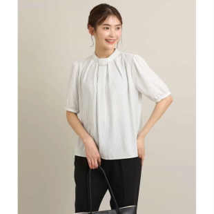条纹衬衫 气质OL褶皱圆领后颈一粒扣短袖 女30557 新款 日单品牌夏季