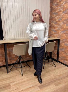 日单春秋新品优雅气质立领后一粒扣插肩袖长袖衬衫大码上衣26419