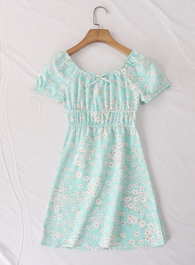 外贸单夏季亲子甜美减龄松紧方领蝴蝶结松紧收腰碎花连衣裙25950