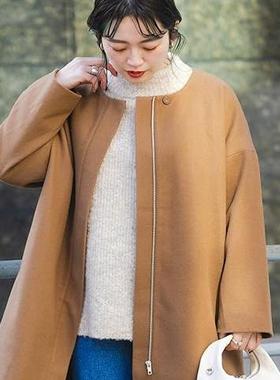 日单品牌秋冬新款简单大方圆领拉链款中长款呢子大衣外套女28009